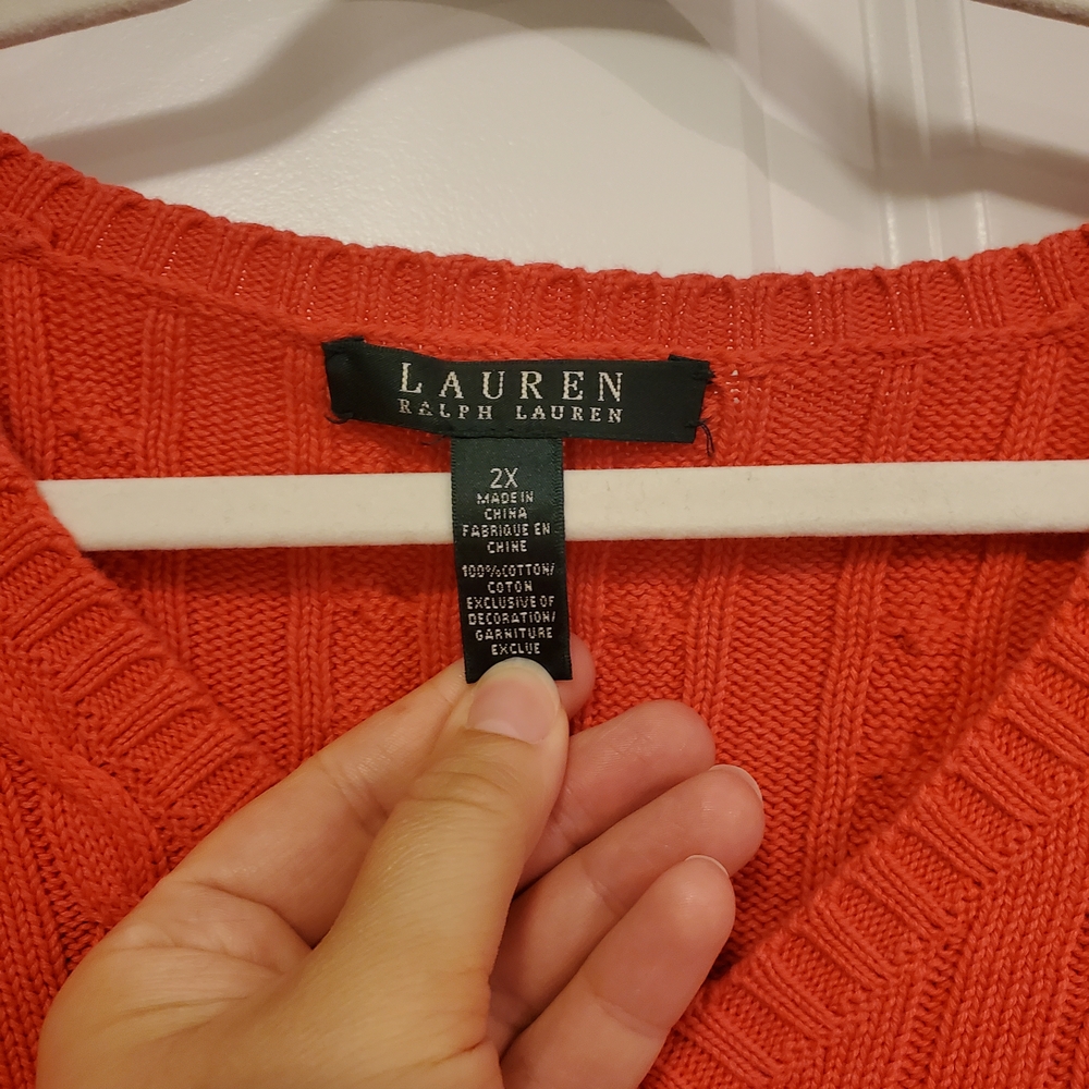 Ralph Lauren Orange V-Neck Cable Knit Sweater - Picture 2 of 2
